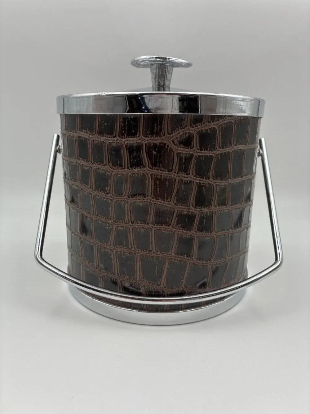 VTG MCM Serv-Master Creations Brown Faux Alligator Croc Ice Bucket Chrome Handle